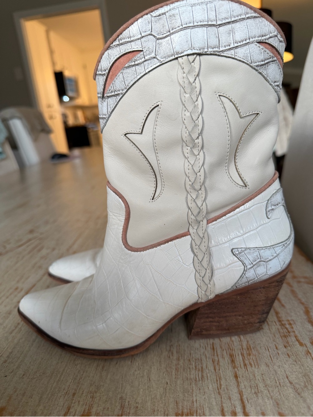 Dolce Vita White Braided Croc-Embossed Western Booties with Pink Piping